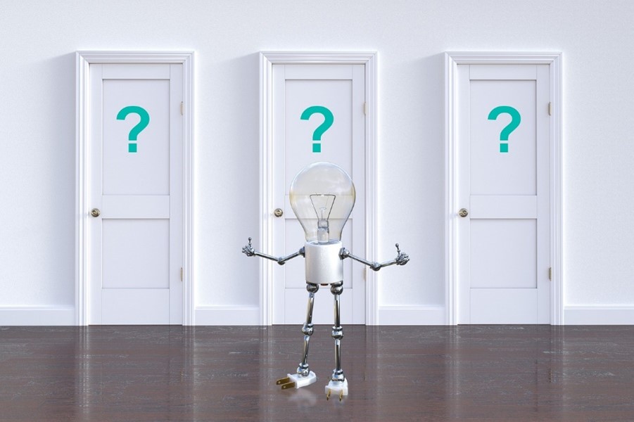 Animated image of a lightbulb person trying to decide which of the three doors to choose, representing flooring options.